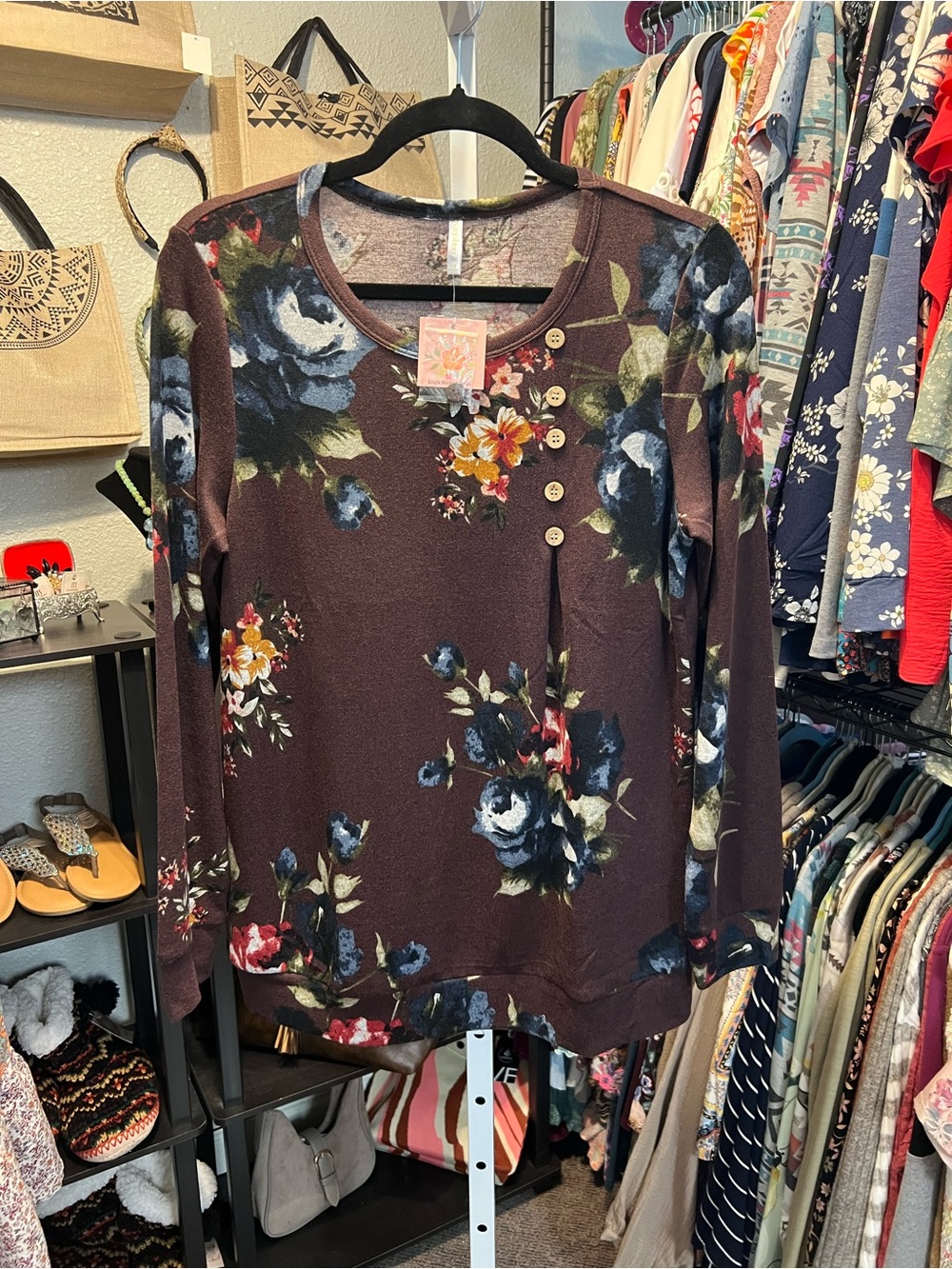 Purple Floral Button Detail Long Sleeve Soft Knit